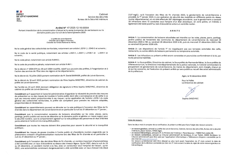 Arrêtés Préfectoraux, Fêtes de fin d'année